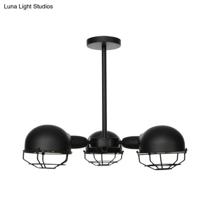 Industrial Style Domed Pendant Light with Wire Frame, 3-Bulbs, Black/Brass Finish