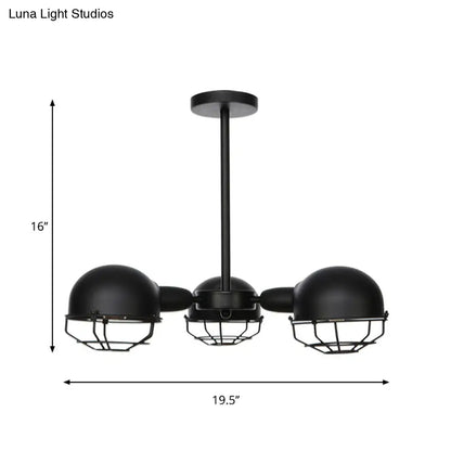 Industrial Style Domed Pendant Light with Wire Frame, 3-Bulbs, Black/Brass Finish
