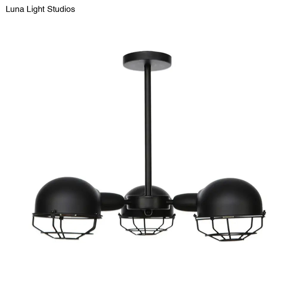 Industrial Style Domed Pendant Light with Wire Frame, 3-Bulbs, Black/Brass Finish