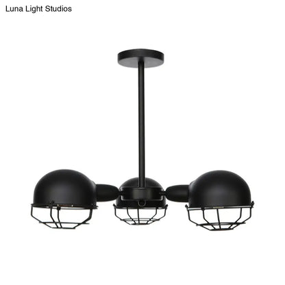 Industrial Style Domed Pendant Light with Wire Frame, 3-Bulbs, Black/Brass Finish