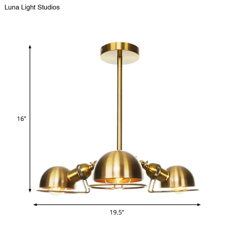 Industrial Style Domed Pendant Light with Wire Frame, 3-Bulbs, Black/Brass Finish