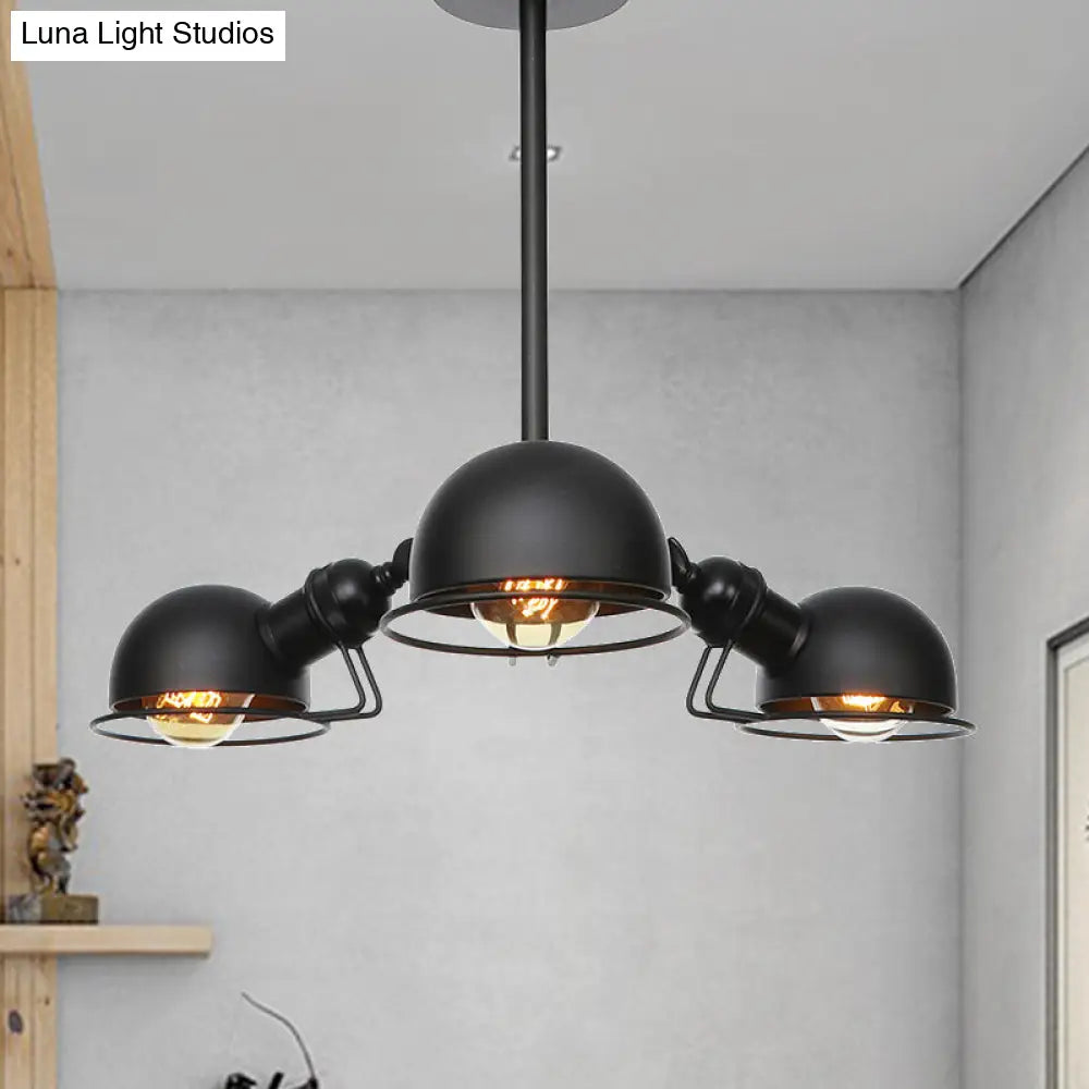 Industrial Style Domed Pendant Light with Wire Frame, 3-Bulbs, Black/Brass Finish