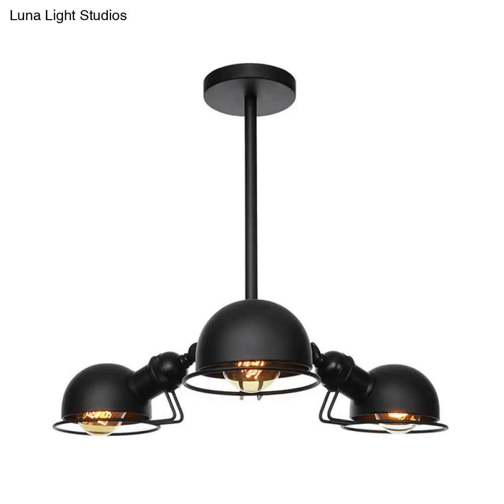 Industrial Style Domed Pendant Light with Wire Frame, 3-Bulbs, Black/Brass Finish