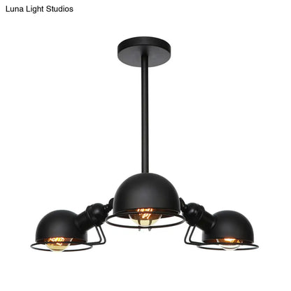 Industrial Style Domed Pendant Light with Wire Frame, 3-Bulbs, Black/Brass Finish