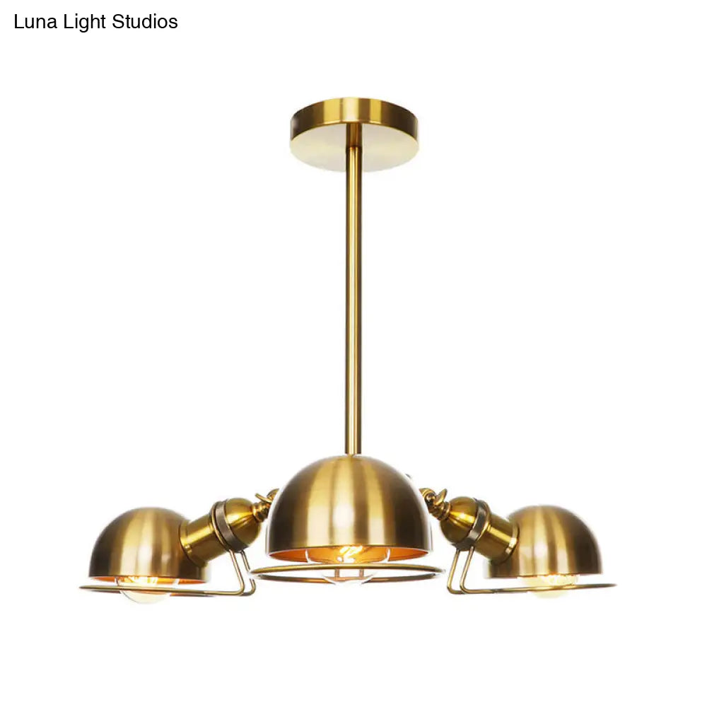 Industrial Style Domed Pendant Light with Wire Frame, 3-Bulbs, Black/Brass Finish