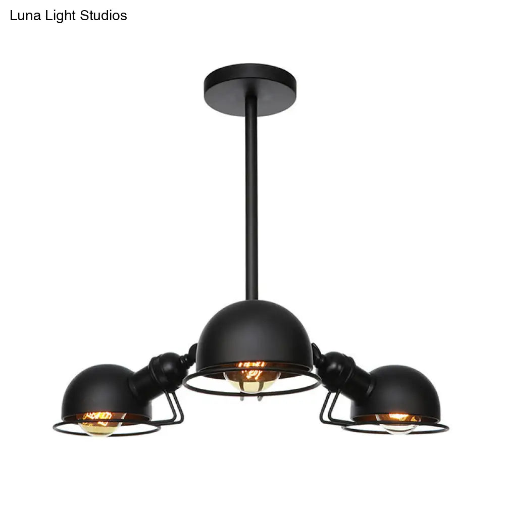 Industrial Style Domed Pendant Light with Wire Frame, 3-Bulbs, Black/Brass Finish