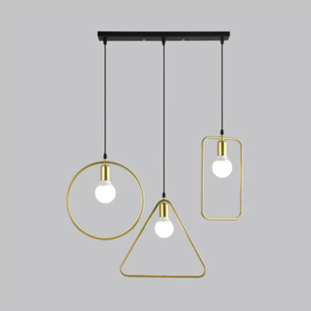 Industrial Style Geometric Hanging Light - Gold Metal Frame Pendant Lighting (3 Lights) - Round/Linear Canopy