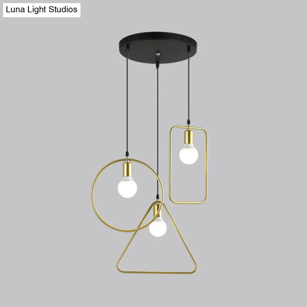 Industrial Style Geometric Hanging Light - Gold Metal Frame Pendant Lighting (3 Lights) - Round/Linear Canopy