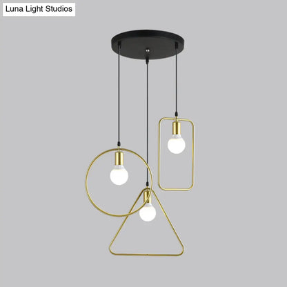 Industrial Style Geometric Hanging Light - Gold Metal Frame Pendant Lighting (3 Lights) - Round/Linear Canopy