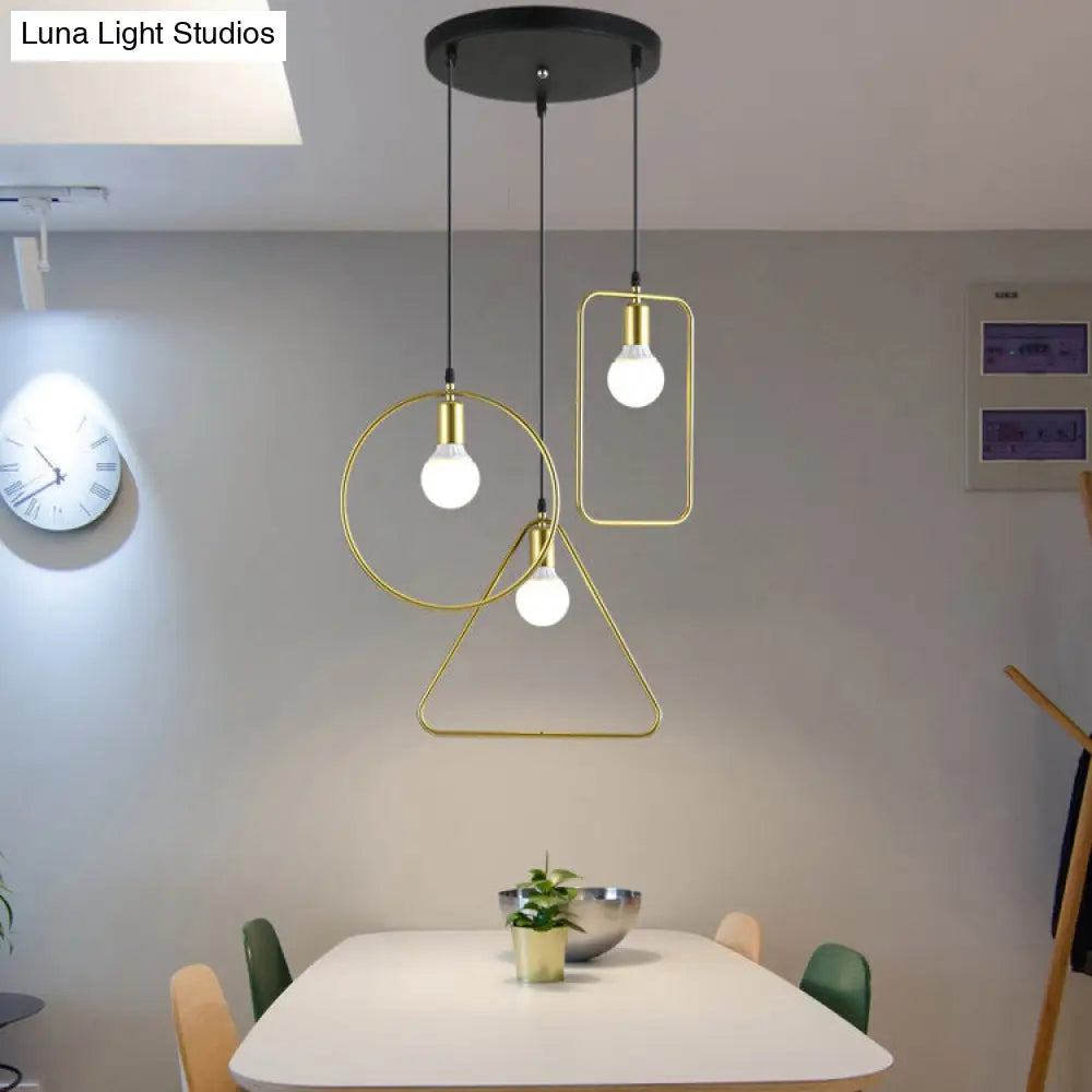 Industrial Style Geometric Hanging Light - Gold Metal Frame Pendant Lighting (3 Lights) - Round/Linear Canopy