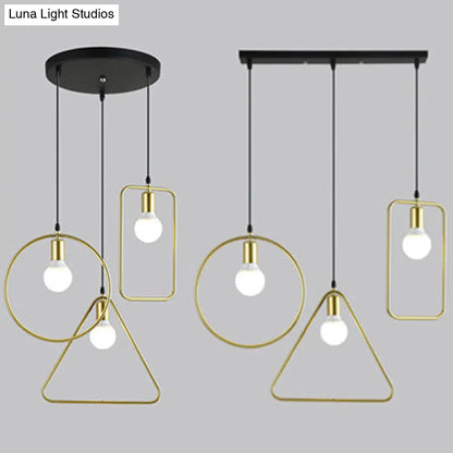 Industrial Style Geometric Hanging Light - Gold Metal Frame Pendant Lighting (3 Lights) - Round/Linear Canopy