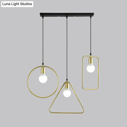 Industrial Style Geometric Hanging Light - Gold Metal Frame Pendant Lighting (3 Lights) - Round/Linear Canopy