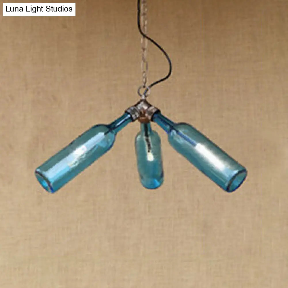 Industrial-Style Glass Pendant Lamp - 3 Bulb Hanging Lighting, Blue/Clear Wine Bottle Design for Restaurant Chandelier