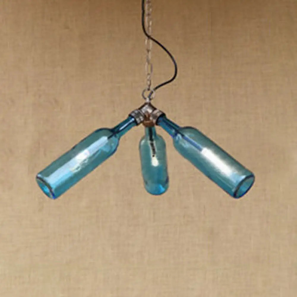 Industrial-Style Glass Pendant Lamp - 3 Bulb Hanging Lighting, Blue/Clear Wine Bottle Design for Restaurant Chandelier