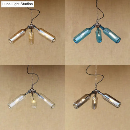 Industrial-Style Glass Pendant Lamp - 3 Bulb Hanging Lighting, Blue/Clear Wine Bottle Design for Restaurant Chandelier