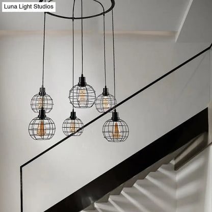 Industrial Style Global Hanging Lamp - 6-Bulb Metallic Suspended Light in Black with Wire Cage Shade