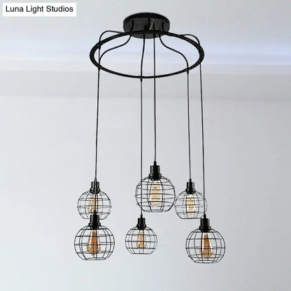 Industrial Style Global Hanging Lamp - 6-Bulb Metallic Suspended Light in Black with Wire Cage Shade