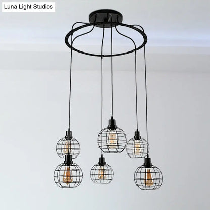 Industrial Style Global Hanging Lamp - 6-Bulb Metallic Suspended Light in Black with Wire Cage Shade