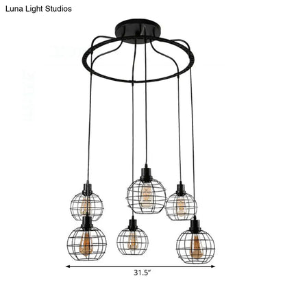 Industrial Style Global Hanging Lamp - 6-Bulb Metallic Suspended Light in Black with Wire Cage Shade