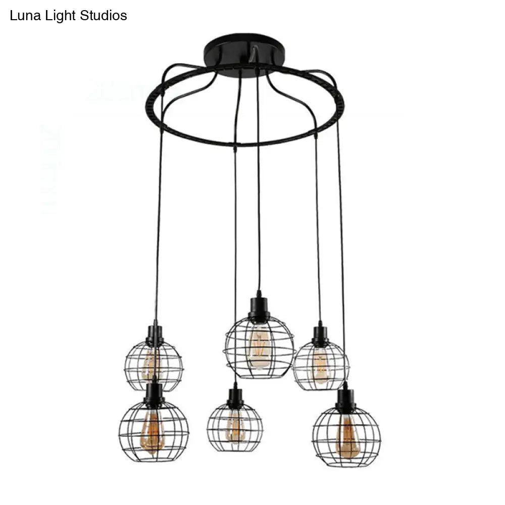 Industrial Style Global Hanging Lamp - 6-Bulb Metallic Suspended Light in Black with Wire Cage Shade