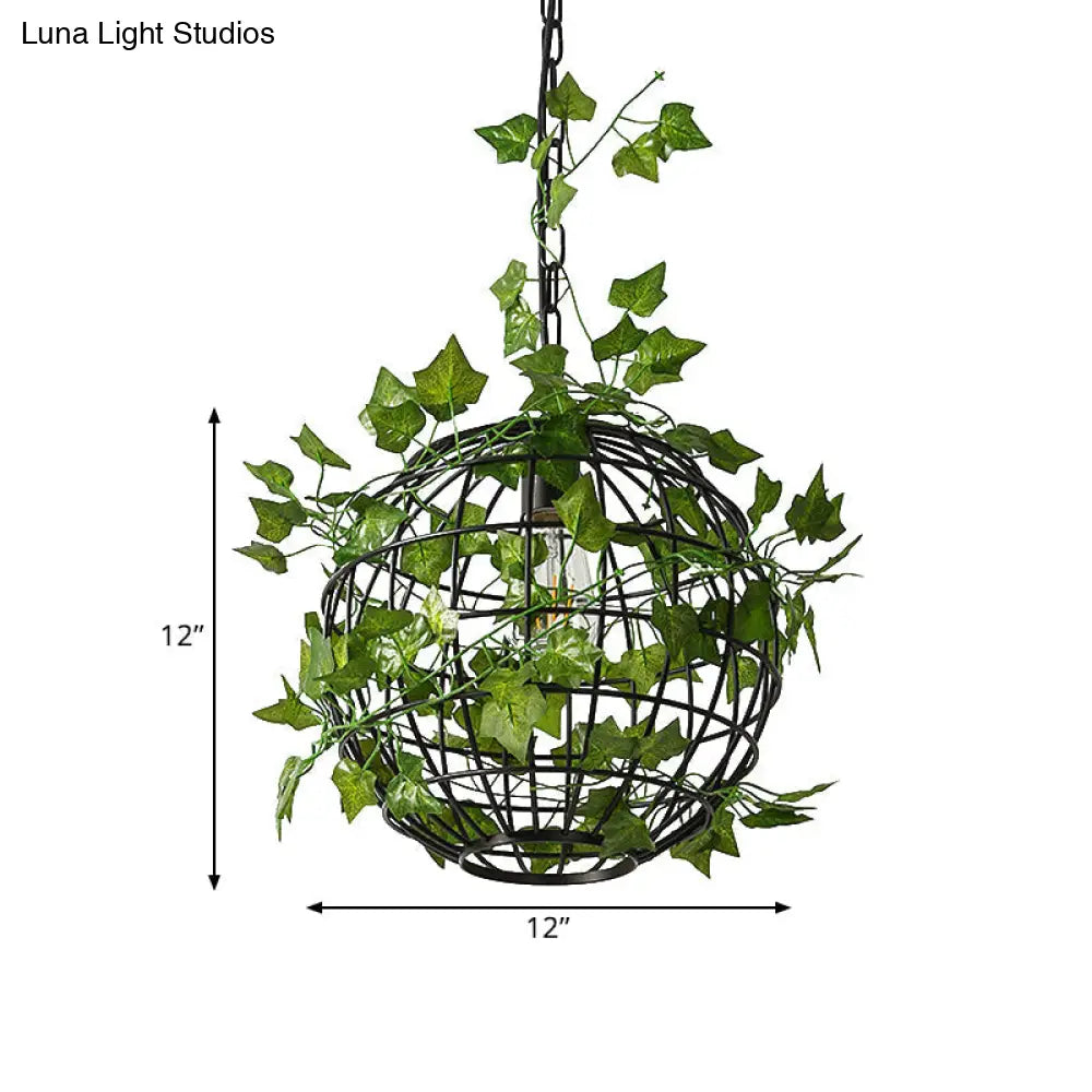 Industrial Style Globe Cage Ceiling Pendant Light with Artificial Plant Deco (1-Head, Black)