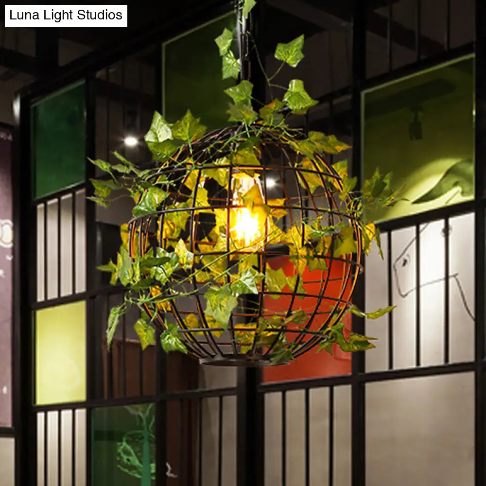 Industrial Style Globe Cage Ceiling Pendant Light with Artificial Plant Deco (1-Head, Black)