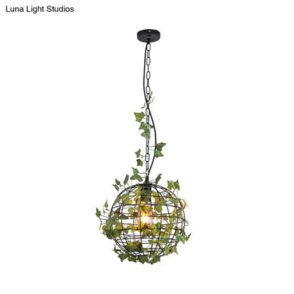 Industrial Style Globe Cage Ceiling Pendant Light with Artificial Plant Deco (1-Head, Black)