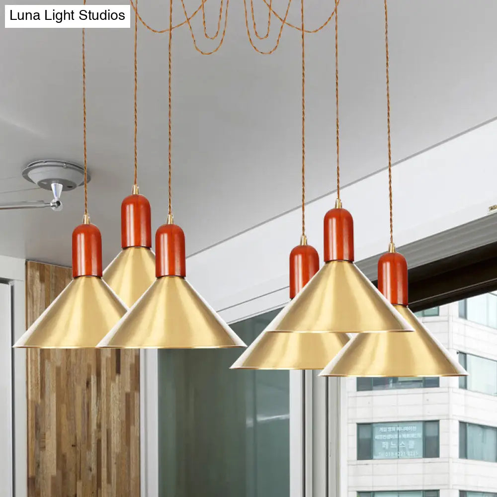 Industrial-Style Gold Finish Cone Pendant Chandelier with Multi-Head Design - Swag Hanging Light Kit (2/4/3 Heads)