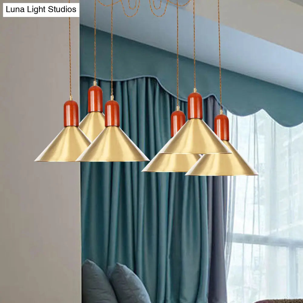 Industrial-Style Gold Finish Cone Pendant Chandelier with Multi-Head Design - Swag Hanging Light Kit (2/4/3 Heads)