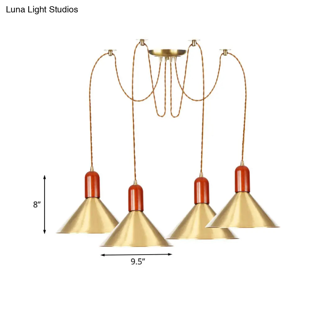 Industrial-Style Gold Finish Cone Pendant Chandelier with Multi-Head Design - Swag Hanging Light Kit (2/4/3 Heads)