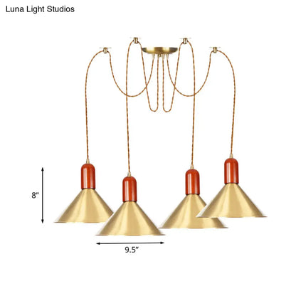 Industrial-Style Gold Finish Cone Pendant Chandelier with Multi-Head Design - Swag Hanging Light Kit (2/4/3 Heads)