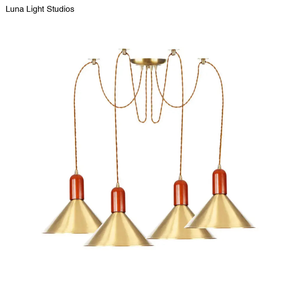 Industrial-Style Gold Finish Cone Pendant Chandelier with Multi-Head Design - Swag Hanging Light Kit (2/4/3 Heads)