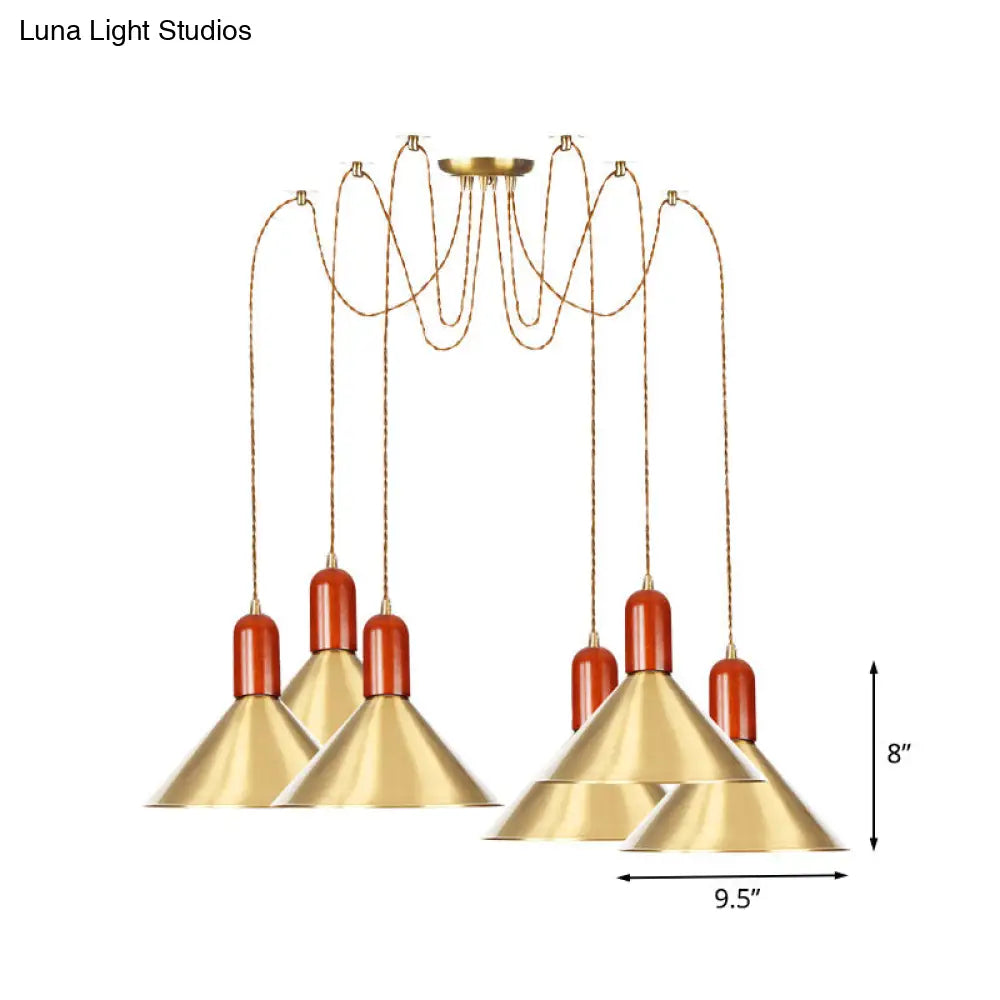 Industrial-Style Gold Finish Cone Pendant Chandelier with Multi-Head Design - Swag Hanging Light Kit (2/4/3 Heads)