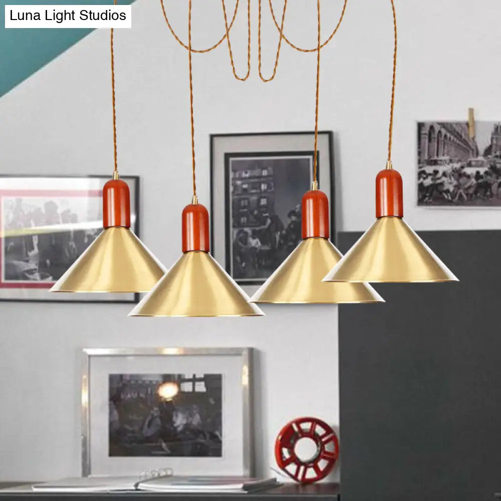 Industrial-Style Gold Finish Cone Pendant Chandelier with Multi-Head Design - Swag Hanging Light Kit (2/4/3 Heads)