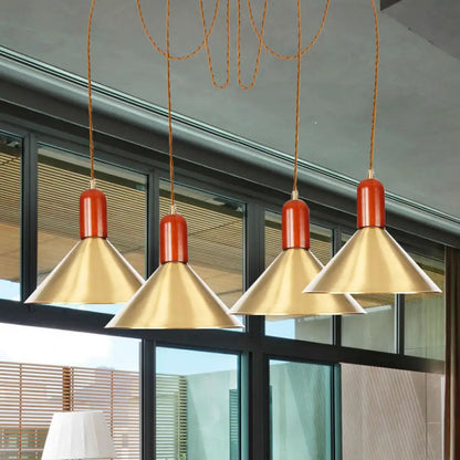 Industrial-Style Gold Finish Cone Pendant Chandelier with Multi-Head Design - Swag Hanging Light Kit (2/4/3 Heads)