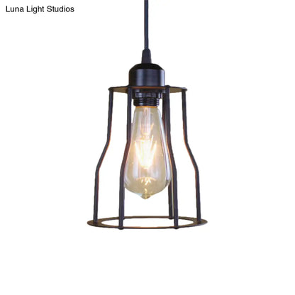 Industrial Style Hanging Ceiling Light with Metal Black Finish Cylinder Shade and Cage