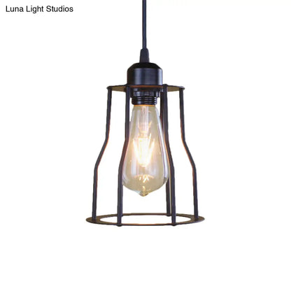 Industrial Style Hanging Ceiling Light with Metal Black Finish Cylinder Shade and Cage