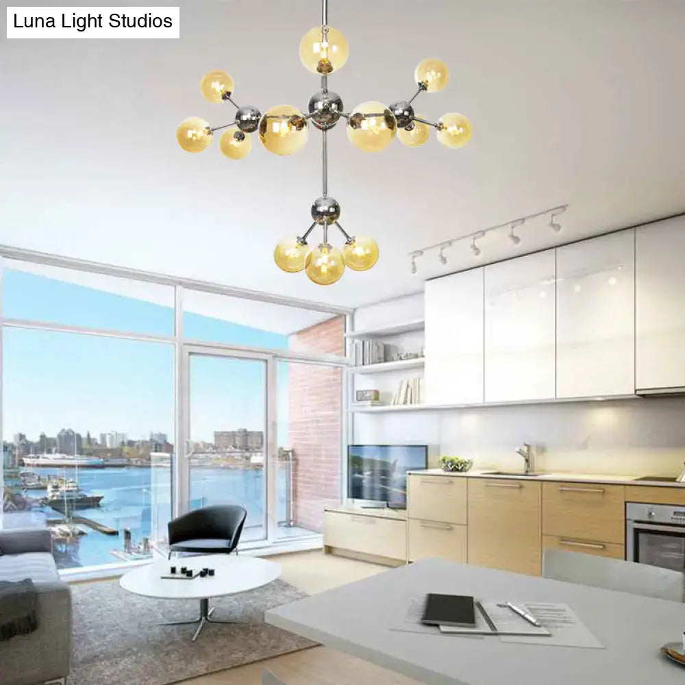 Industrial Style Hanging Chandelier Light - 13"/27.5"/34" W Orbit Shade - Amber/Clear/Smoke Gray Glass - 3/9/12 Lights