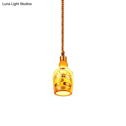 Industrial Style Hanging Lamp Kit for Restaurants - Resin Red/Yellow Drop Pendant Wine Bottle 1-Light