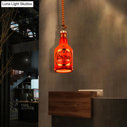 Industrial Style Hanging Lamp Kit for Restaurants - Resin Red/Yellow Drop Pendant Wine Bottle 1-Light