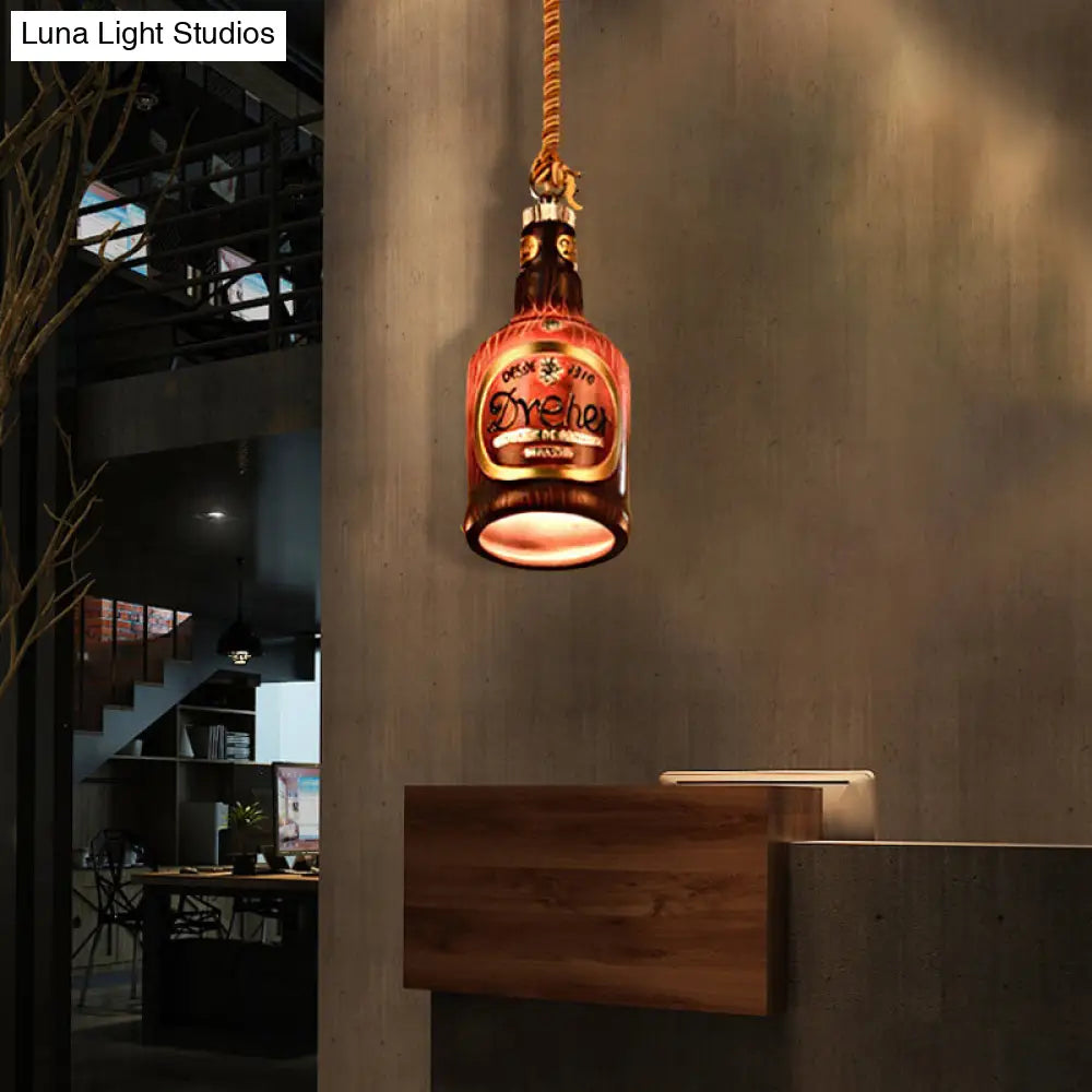 Industrial Style Hanging Lamp Kit for Restaurants - Resin Red/Yellow Drop Pendant Wine Bottle 1-Light