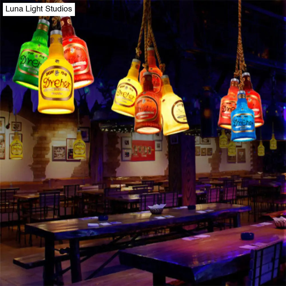 Industrial Style Hanging Lamp Kit for Restaurants - Resin Red/Yellow Drop Pendant Wine Bottle 1-Light