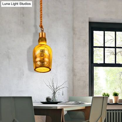 Industrial Style Hanging Lamp Kit for Restaurants - Resin Red/Yellow Drop Pendant Wine Bottle 1-Light