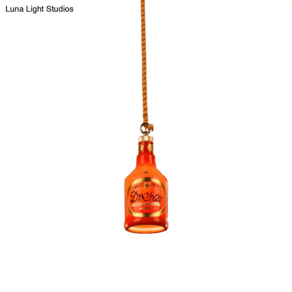 Industrial Style Hanging Lamp Kit for Restaurants - Resin Red/Yellow Drop Pendant Wine Bottle 1-Light