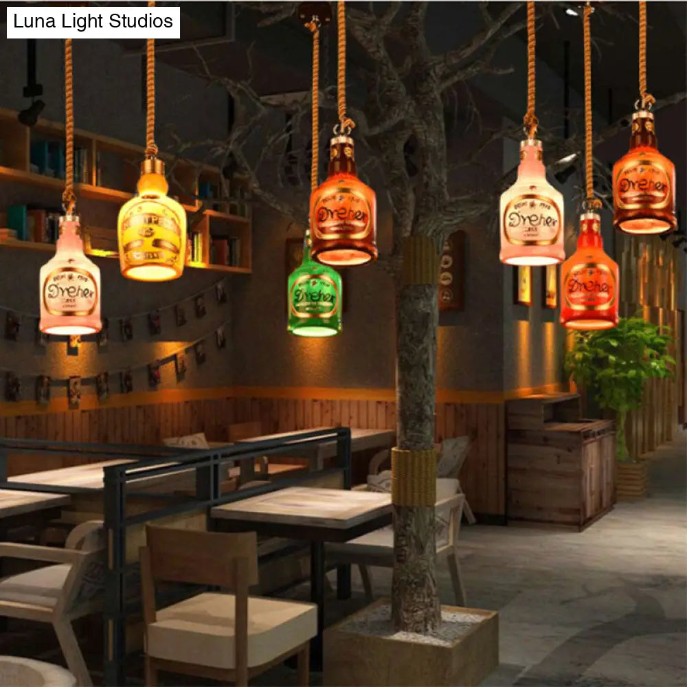 Industrial Style Hanging Lamp Kit for Restaurants - Resin Red/Yellow Drop Pendant Wine Bottle 1-Light