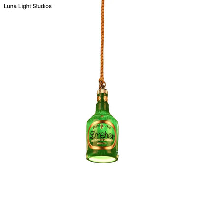 Industrial Style Hanging Lamp Kit for Restaurants - Resin Red/Yellow Drop Pendant Wine Bottle 1-Light