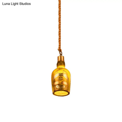 Industrial Style Hanging Lamp Kit for Restaurants - Resin Red/Yellow Drop Pendant Wine Bottle 1-Light