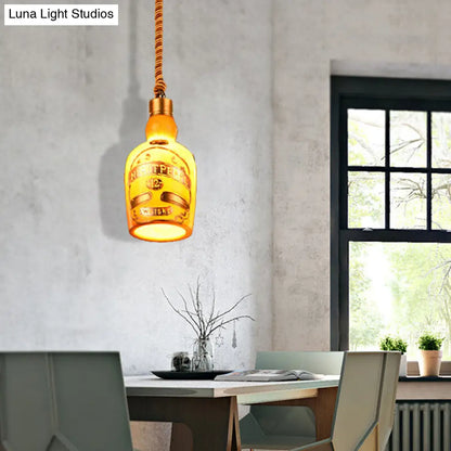 Industrial Style Hanging Lamp Kit for Restaurants - Resin Red/Yellow Drop Pendant Wine Bottle 1-Light