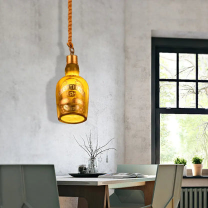 Industrial Style Hanging Lamp Kit for Restaurants - Resin Red/Yellow Drop Pendant Wine Bottle 1-Light