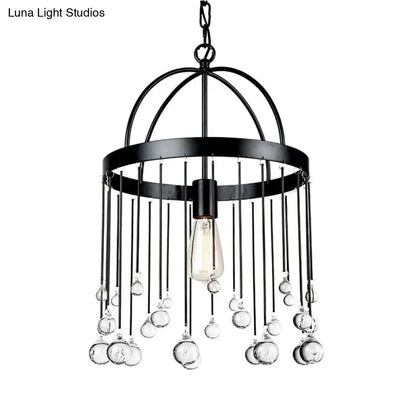 Industrial Style Hanging Pendant Light with Crystal Ball Deco - 1-Light Ring Suspension Lamp in Black